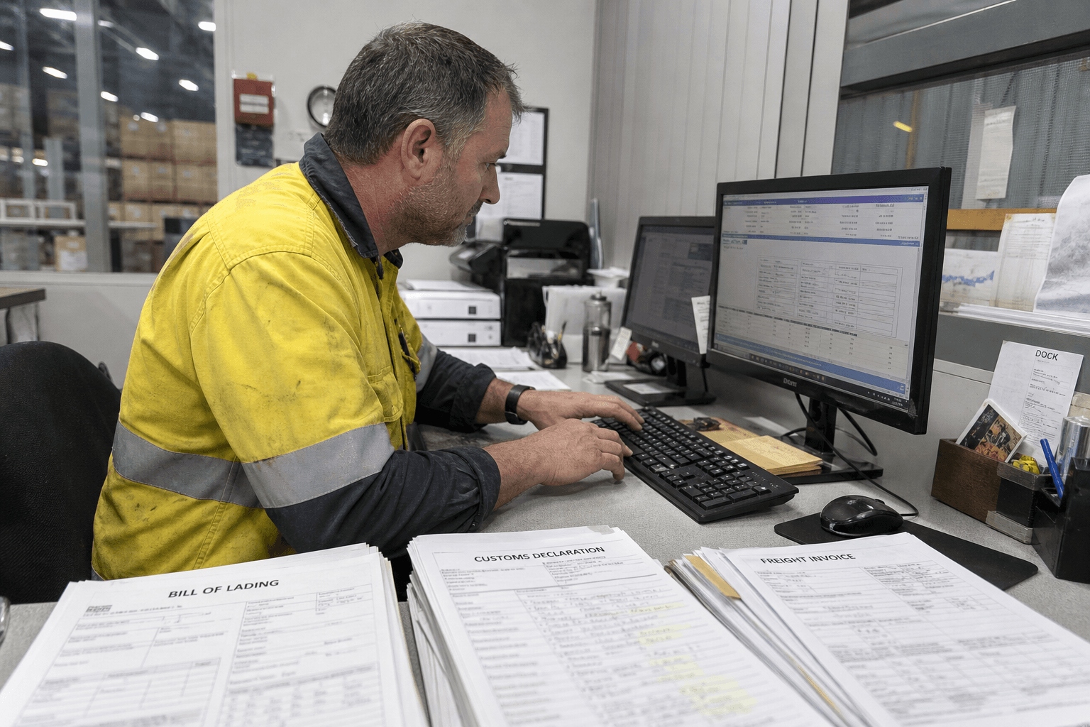 A male logistics administrator leans over stacks of printed shipping documents at a depot desk, manually re-entering consignment data into a computer keyboard under fluorescent warehouse lighting.