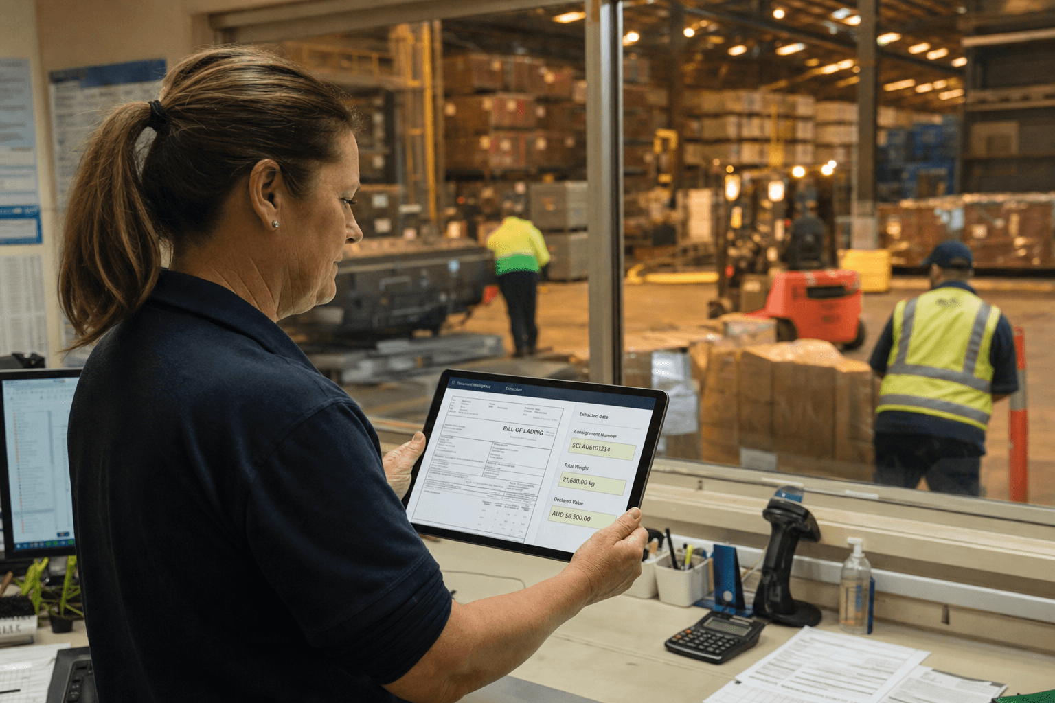 A female freight coordinator stands at a warehouse office bench reviewing a document intelligence extraction interface on a tablet, with warehouse workers visible through a glass partition behind her.