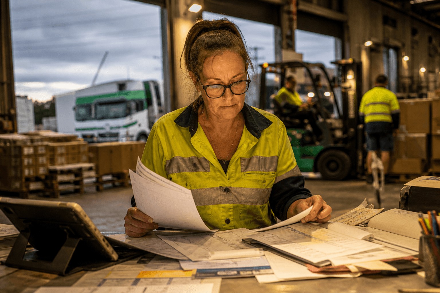 A warehouse administrator sorts a stack of handwritten and photographed freight documents at their station, with a busy depot and hi-vis workers visible behind them.