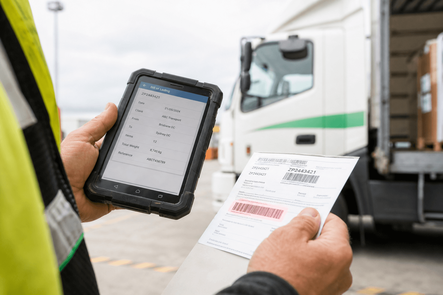 Close-up of hands holding a rugged tablet at a loading dock, scanning a delivery docket barcode with a bill of lading data screen visible, truck blurred in the background.