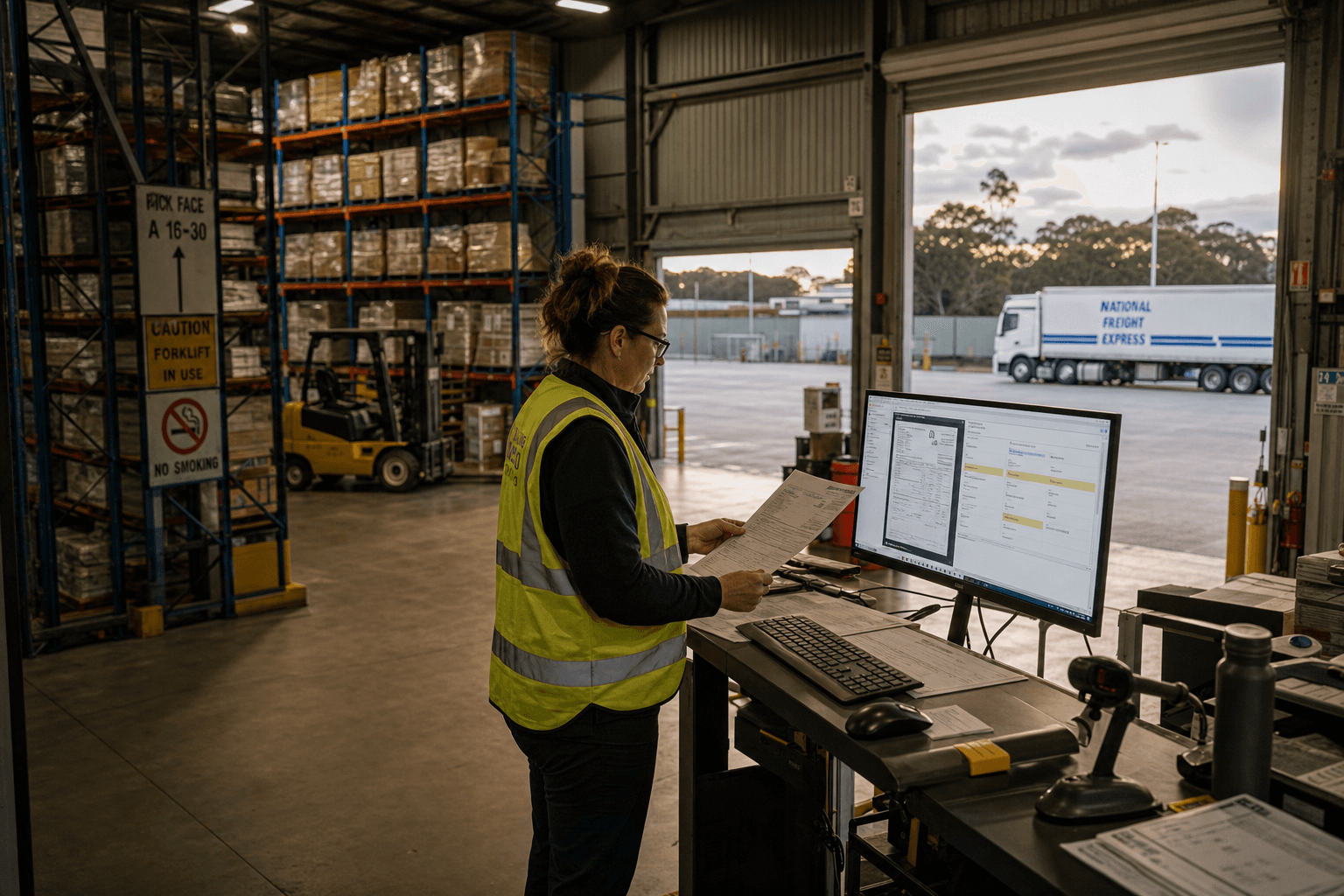 Wide shot of a female freight depot coordinator in a hi-vis vest scanning a paper bill of lading at a raised workstation, with a document processing interface visible on a monitor and a large warehouse environment stretching behind her.