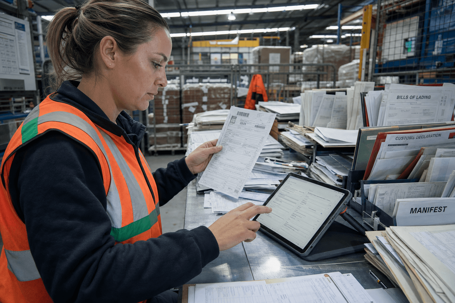A female freight clerk in a high-vis vest compares a printed proof-of-delivery form against a tablet showing extracted document data at a busy depot processing table surrounded by stacked logistics paperwork.