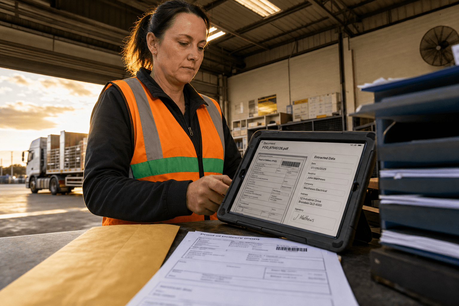 Low-angle view from a warehouse bench looking up past a tablet displaying document extraction software toward a female freight worker in a hi-vis vest reviewing data in golden afternoon depot light.