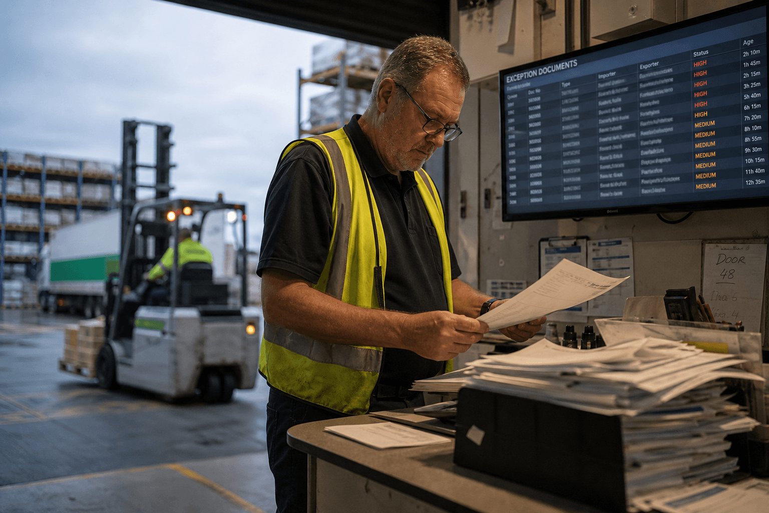 An older male freight worker in a high-vis vest reviews a customs declaration form from an overflowing document tray at a depot dispatch bench, with a monitor showing flagged exception documents and a roller door opening to an overcast freight yard behind him.