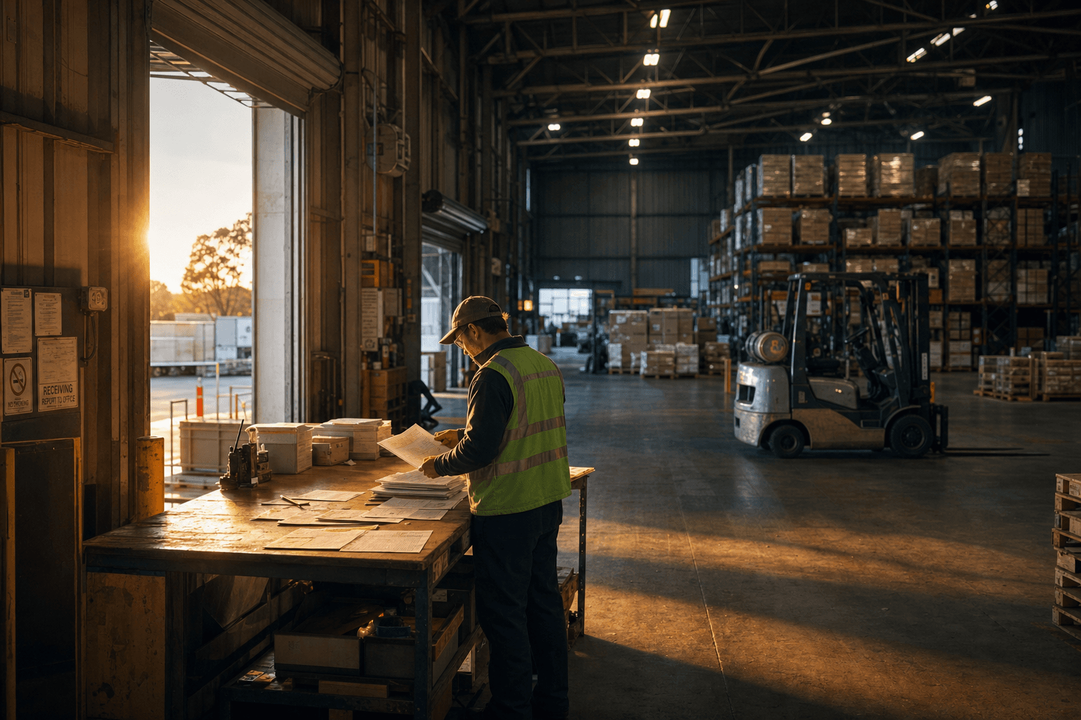A wide shot of a large Australian freight warehouse interior with a lone worker in hi-vis vest and hard hat standing at a sorting bench reviewing a spread of freight documents including bills of lading and delivery dockets, with rows of pallets and a forklift visible in the background under fluorescent lighting and warm golden-hour light from an open roller door.