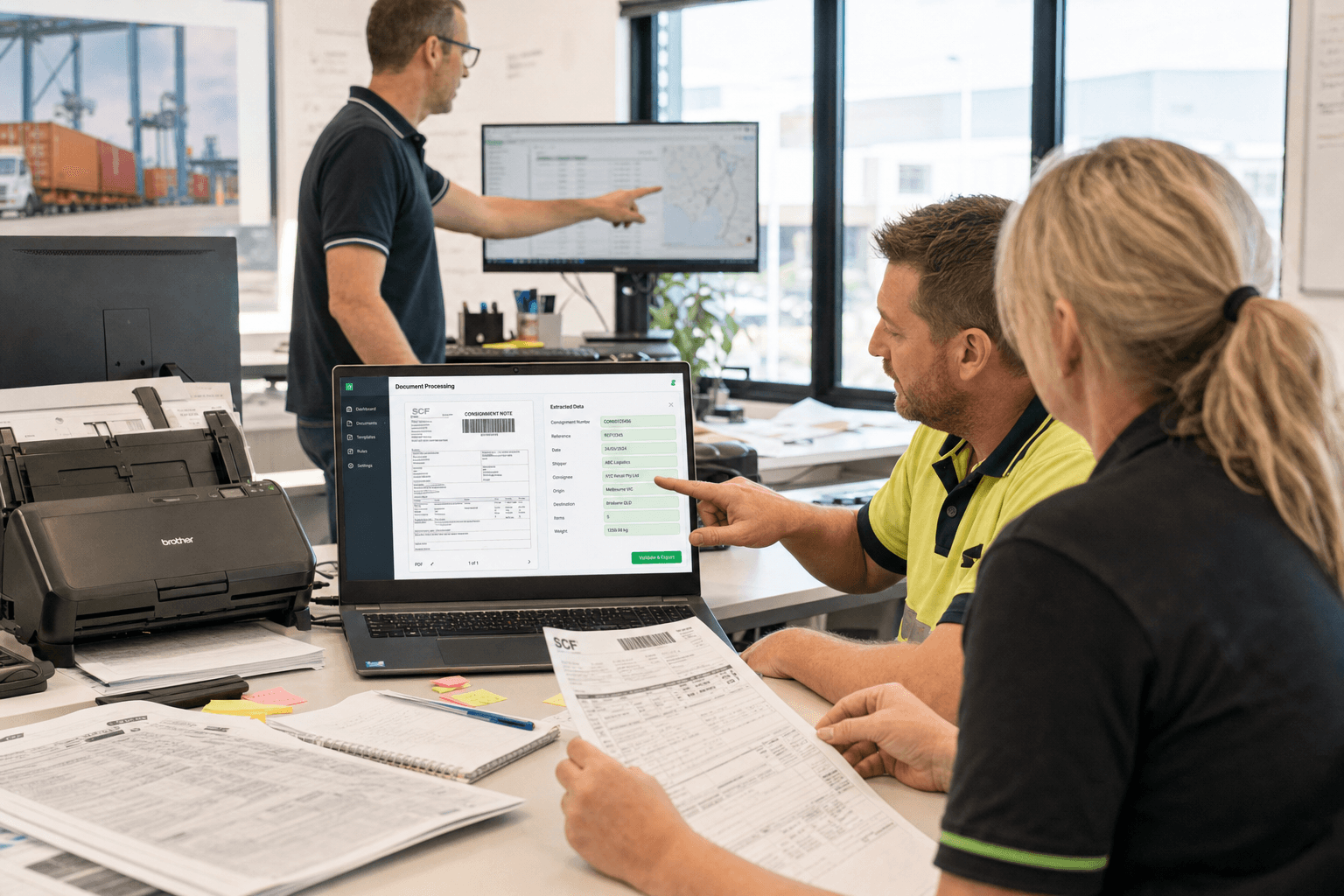 Two logistics office workers in hi-vis polo shirts collaborate at a desk in a bright, airy Australian freight company office, one pointing at a laptop screen showing a document processing interface with extracted data fields while the other holds a printed freight invoice, with a desktop scanner and printed manifests visible on the desk.
