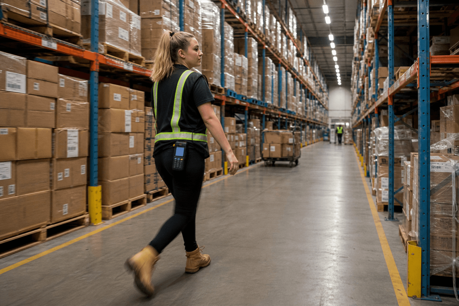 A female warehouse picker in a hi-vis vest walks a long aisle between tall racking shelves loaded with cartons in an Australian distribution centre, scan gun clipped to her belt, slight motion blur on her stride.
