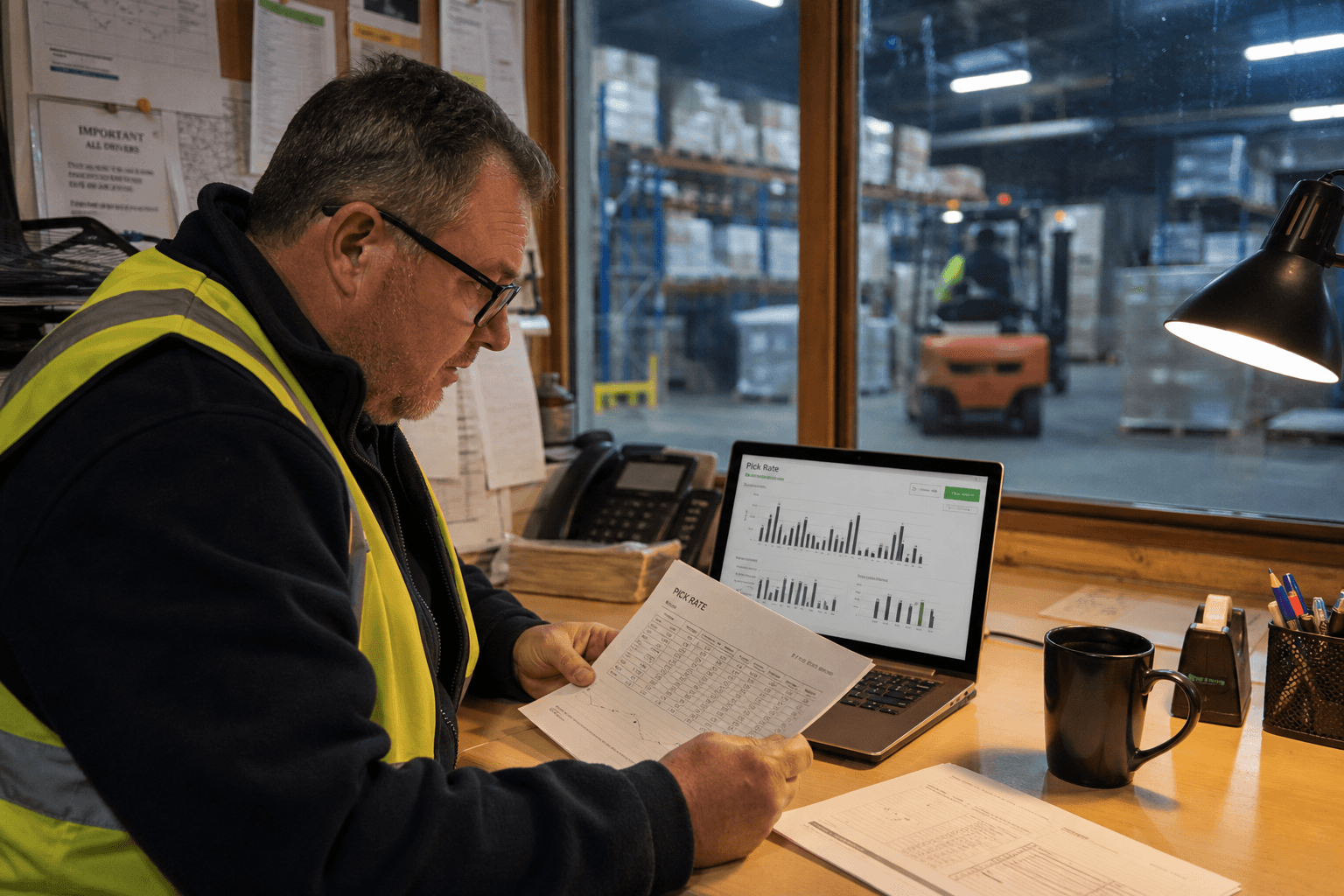 A male warehouse operations manager leans over a desk reviewing printed data sheets and a laptop screen in a small depot office, with the warehouse floor and racking visible through a window behind him.