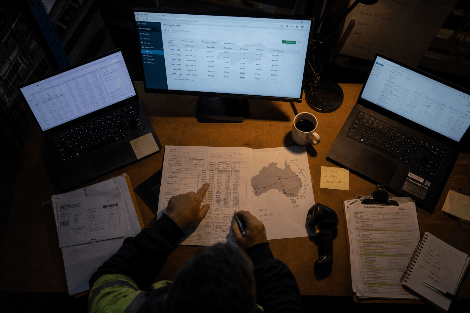 Overhead view looking down onto a freight operations desk lit by screen glow and a warm task lamp, showing a coordinator's hands pointing at a printed rate sheet with routing lane figures alongside a laptop displaying a pricing dashboard, surrounded by a clipboard, sticky notes, and a coffee mug on a dark work surface.