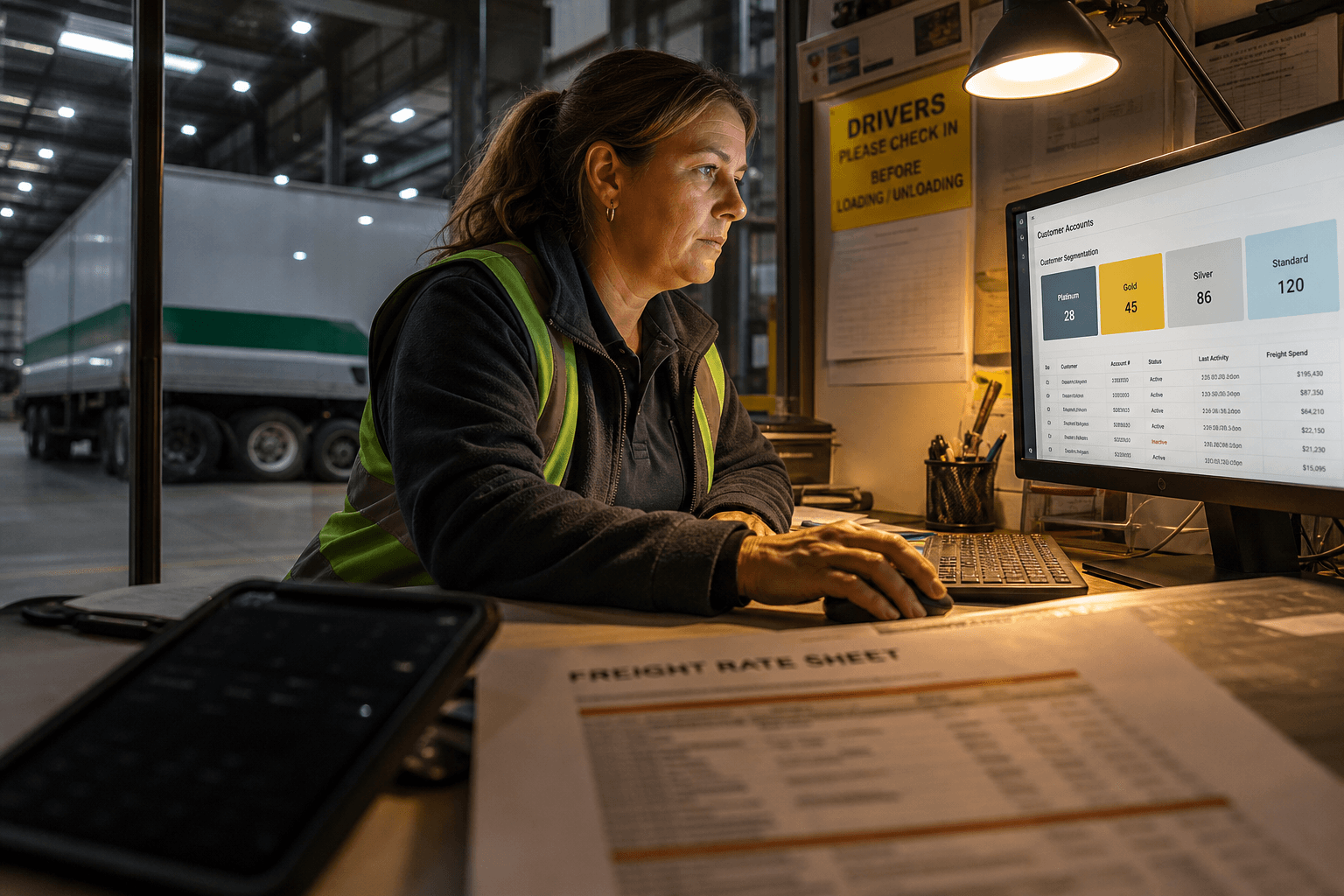 A female dispatch coordinator in a high-vis vest leans over a desk in a warehouse office, studying a customer segmentation dashboard on a desktop monitor. Shot from a low angle near the work surface looking up past a tablet and rate sheet in the foreground, lit by warm golden task-lamp light on the subject against a cooler fluorescent warehouse background.
