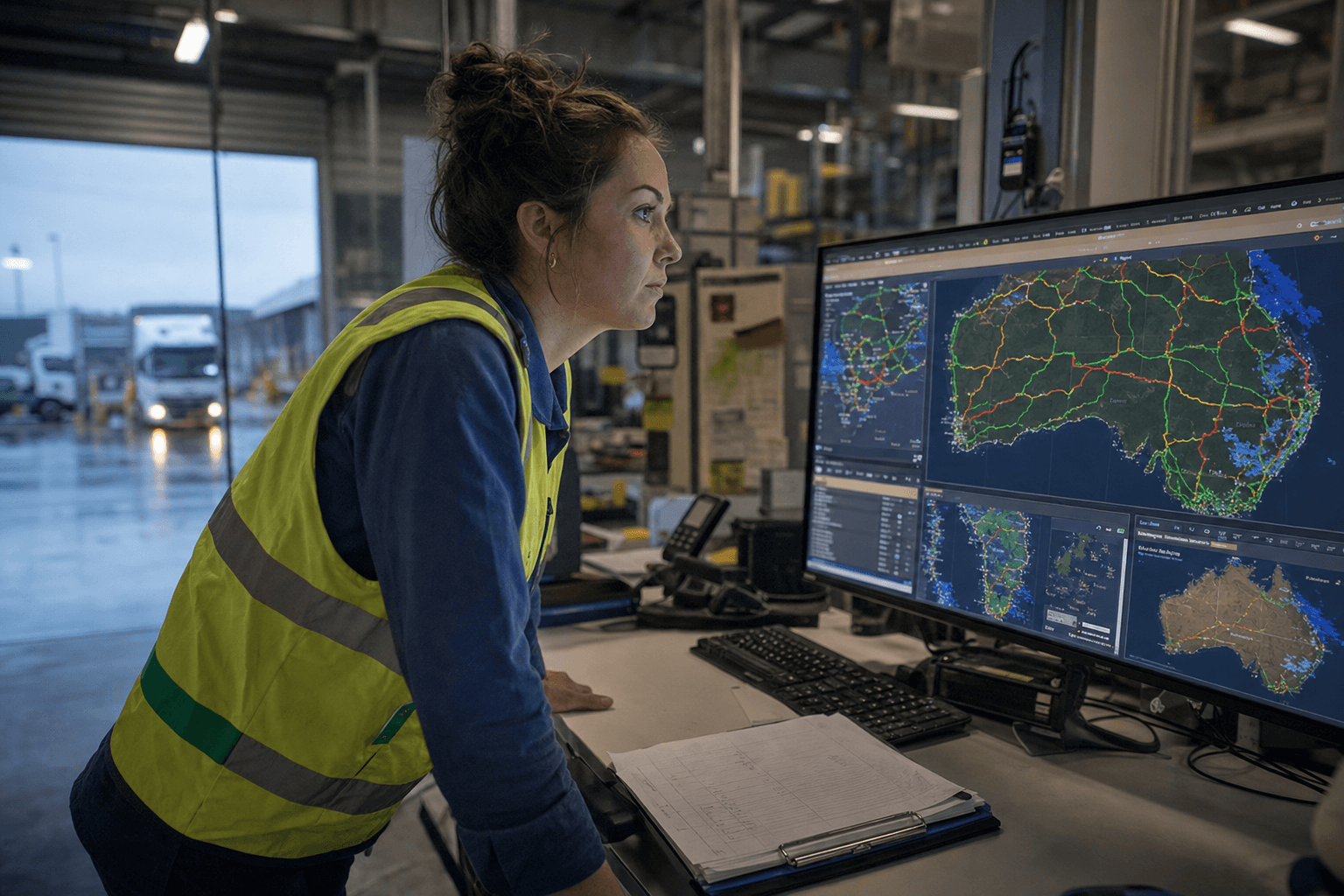 A female logistics dispatcher leans over a workstation monitor displaying live traffic and weather data maps inside an Australian freight depot operations room, fluorescent lighting overhead and depot infrastructure visible in the background.