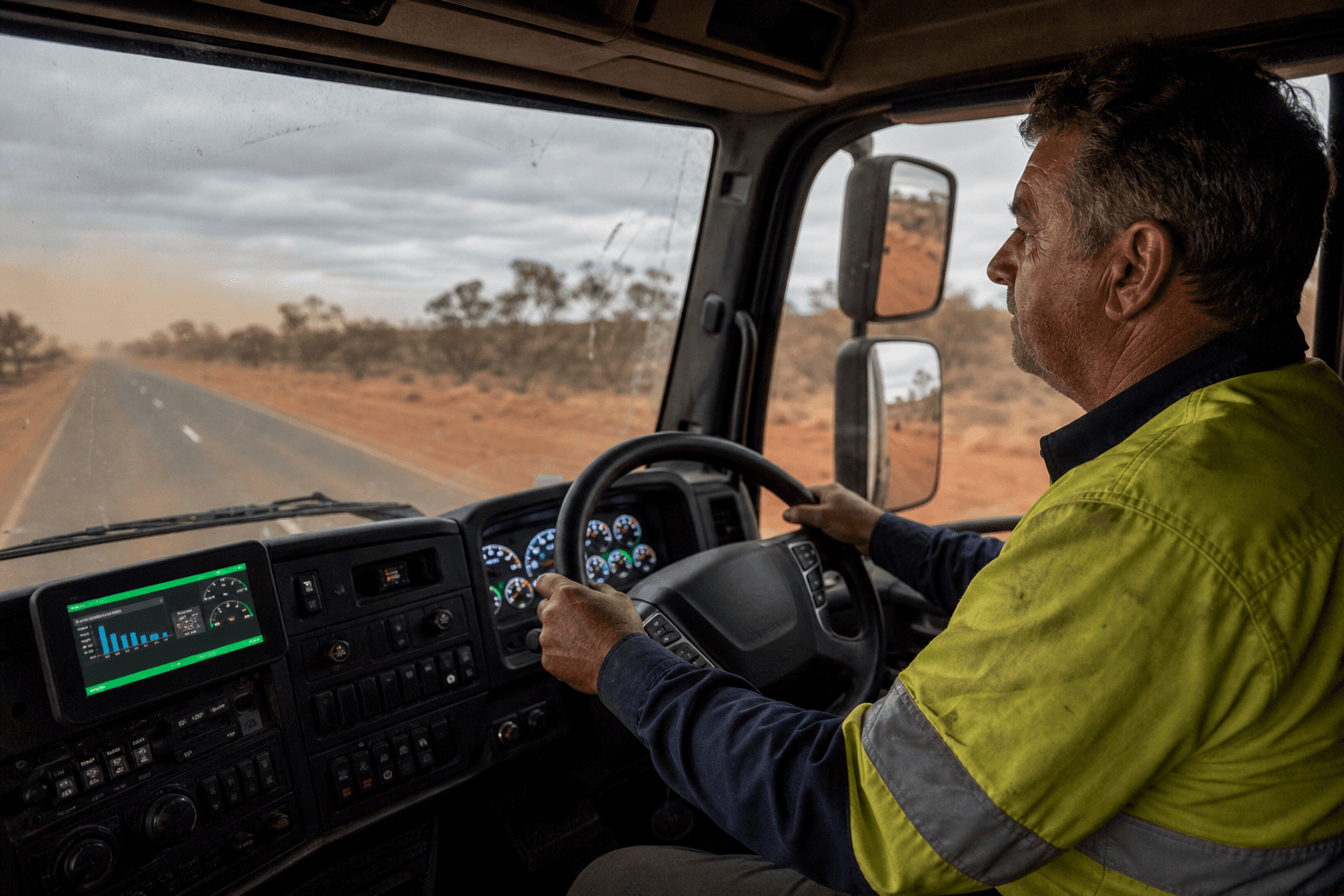 A male truck driver in his 50s wearing a hi-vis shirt grips the steering wheel while navigating a remote Australian outback highway under an overcast sky, with red dirt road shoulders and dry scrub visible through the windscreen.