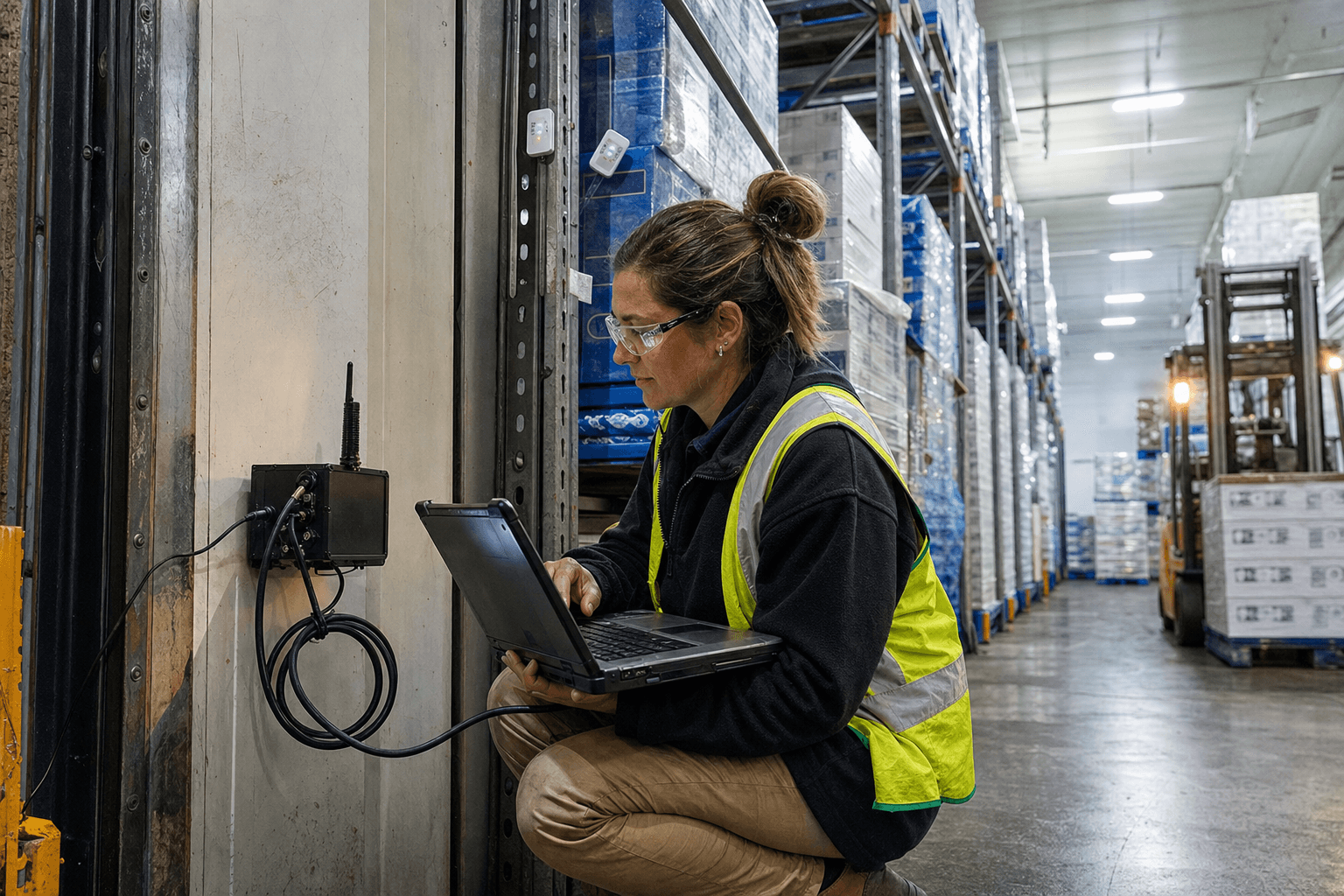 A female warehouse technician crouches beside an industrial edge gateway unit mounted on the wall of a refrigerated trailer bay, connecting a ruggedised laptop while wireless temperature sensors are visible on nearby racking.