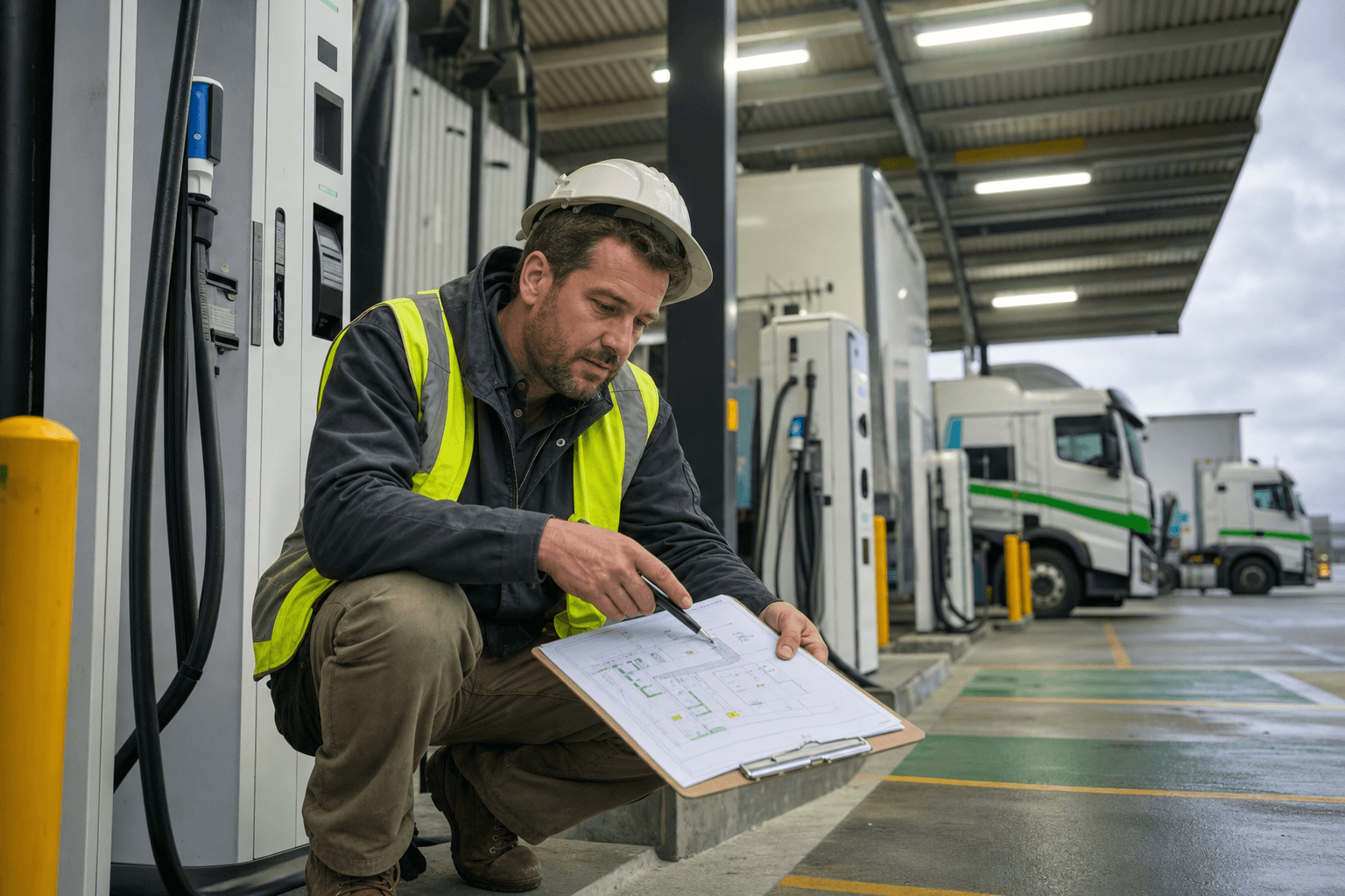 A male depot infrastructure coordinator in a high-vis vest and hard hat crouches beside a commercial EV charging station in an Australian freight depot yard, reviewing a site plan on a clipboard, with electric trucks and additional chargers visible in the background.