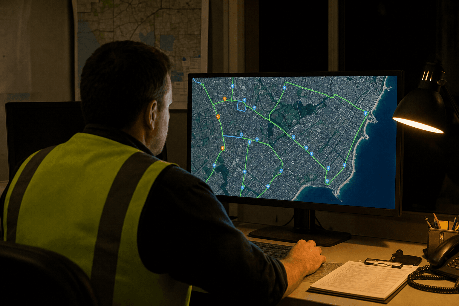 Over-the-shoulder view of a male depot coordinator in a high-vis vest seated at a workstation in a dark planning room, studying a large monitor showing a geographic route map with location markers, lit by screen glow and a warm desk lamp.