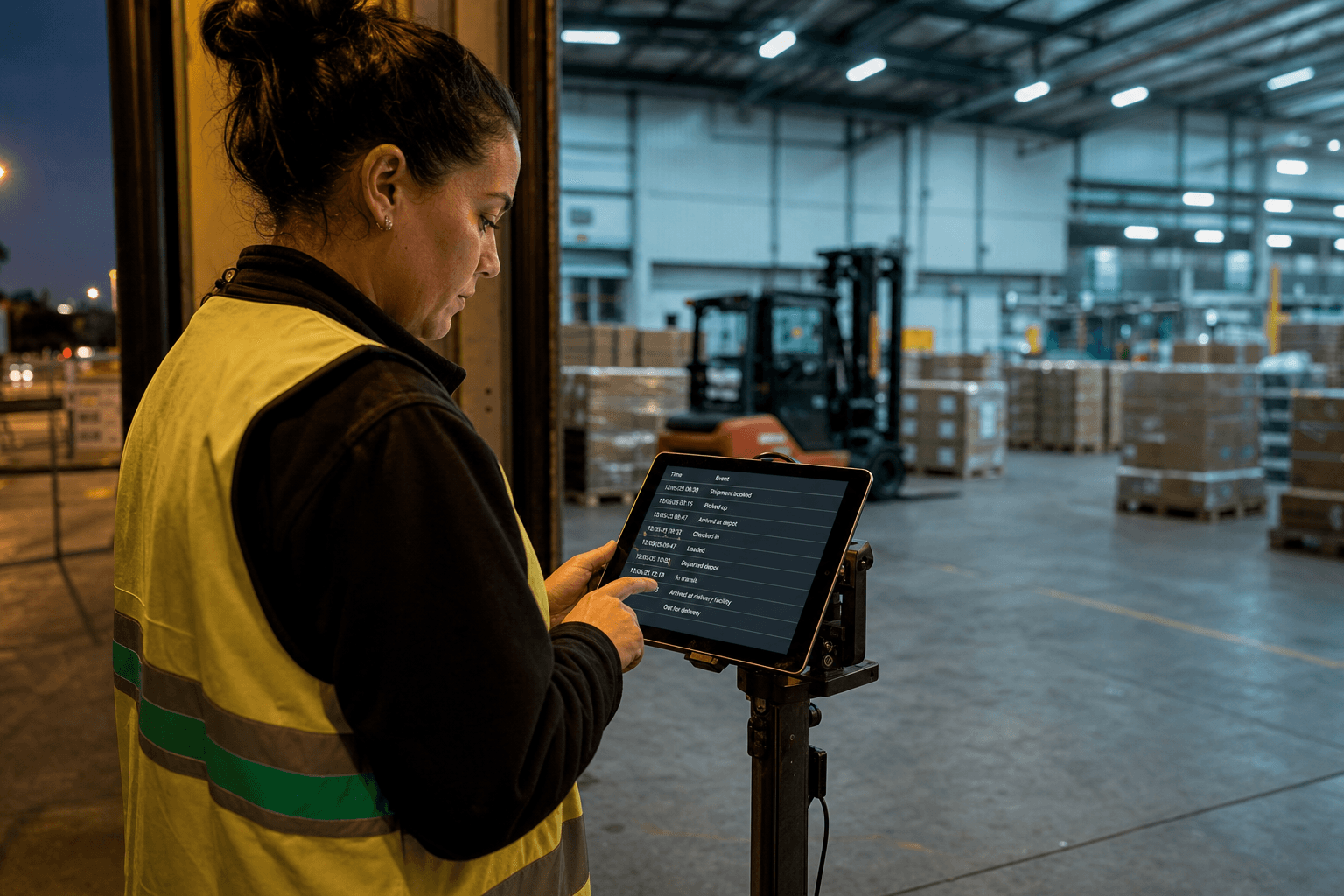 A female logistics worker in a high-vis vest reviews a timestamped shipment milestone log on a tablet at the edge of an Australian warehouse loading bay, with palletised freight and a parked forklift visible behind her.