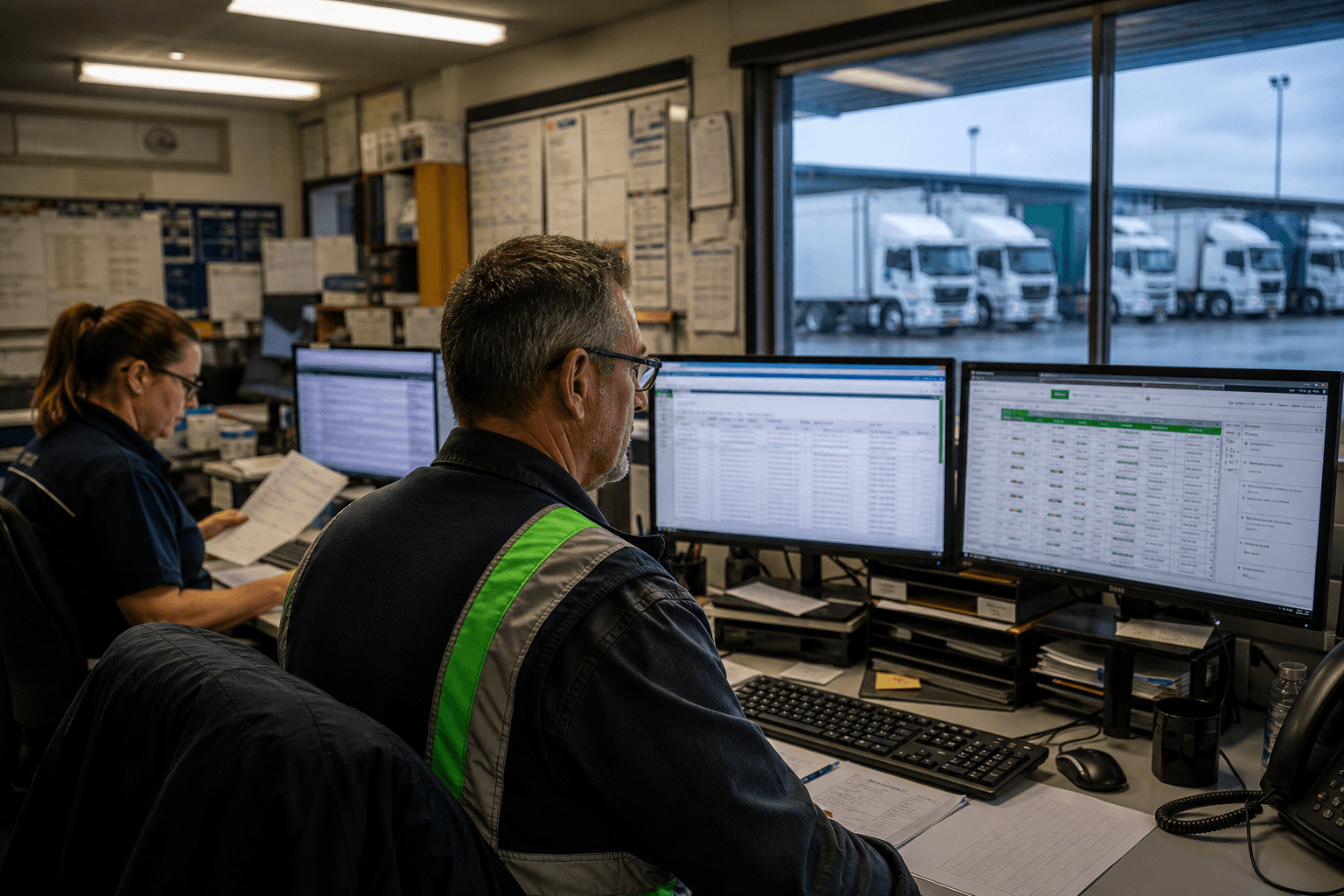 A male freight dispatcher in his 50s sits at a multi-screen workstation inside an Australian depot operations room, with delivery confirmations and fleet status feeds updating on screen, and a row of freight trucks visible through the window behind him.