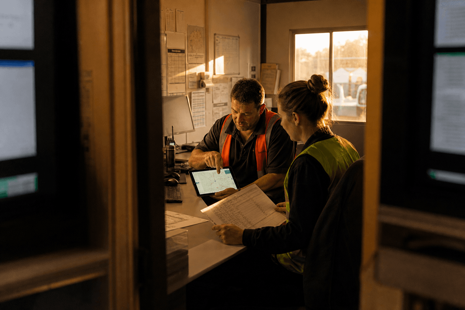 Seen through a doorway between two monitors, a dispatch coordinator points at a route map on a tablet while a colleague reviews a printed manifest, lit by warm afternoon light.