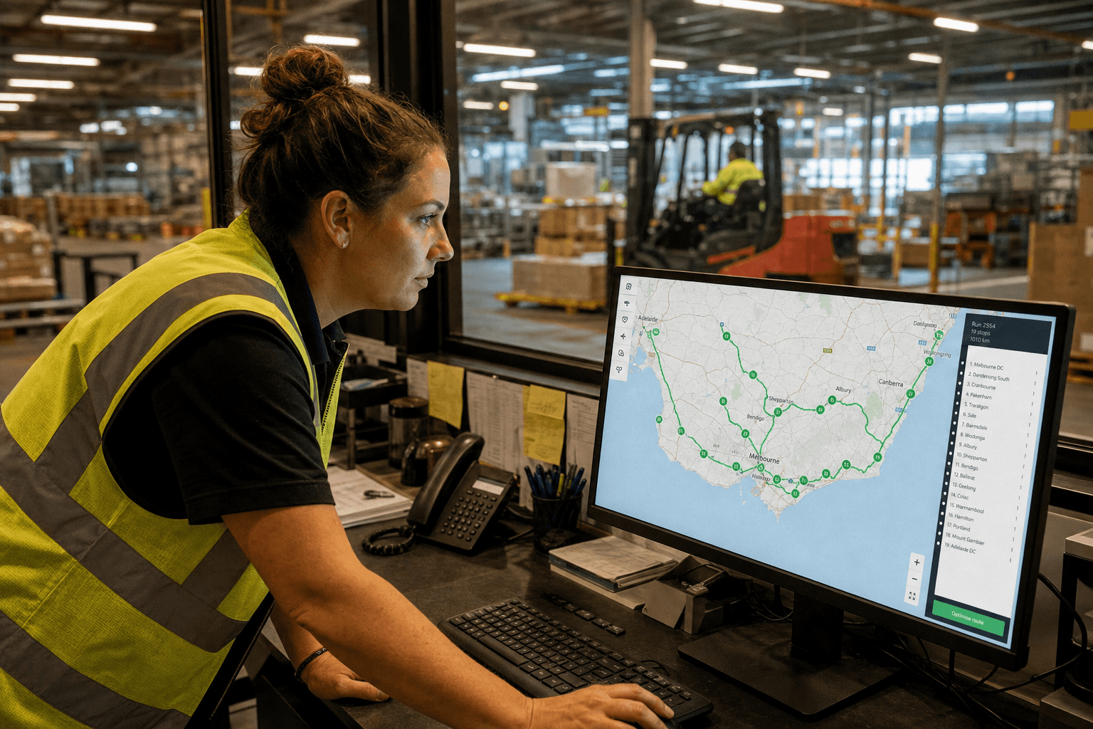 A female Australian logistics dispatcher in a high-vis vest leans over a monitor showing a digital route map at a warehouse dispatch desk, with a busy forklift operation visible through a glass partition behind her.