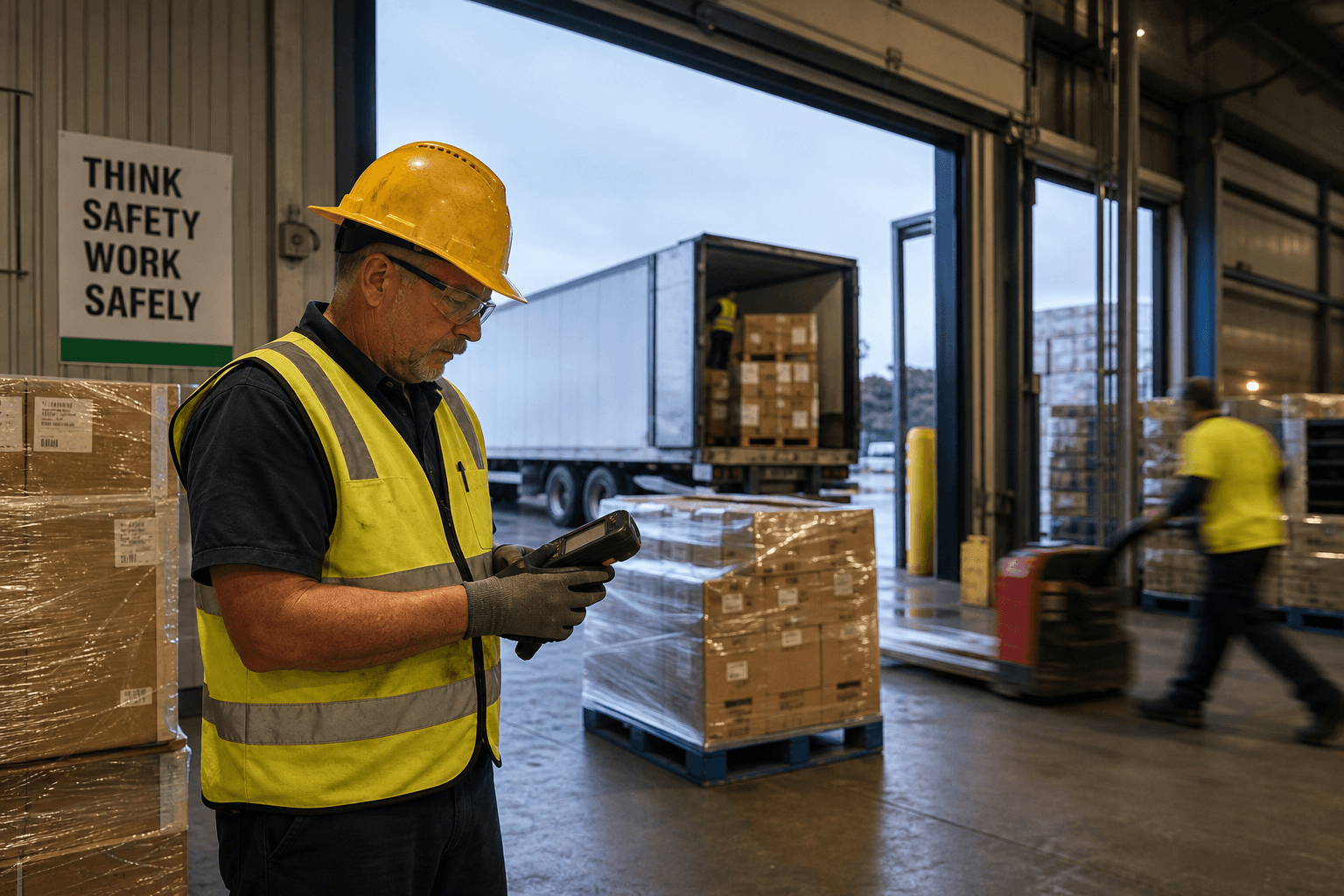 An older male Australian warehouse worker in a high-vis vest and hard hat reviews a handheld scanner amid pallets of freight stacked near an open loading dock, with overcast daylight coming in from outside.