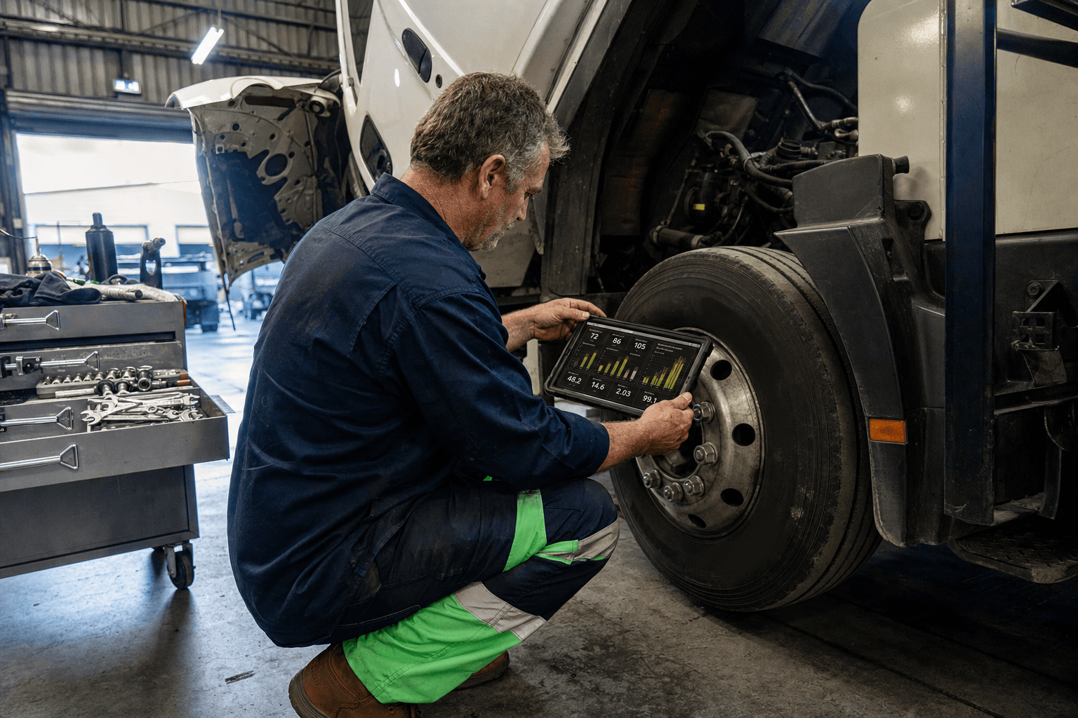 An Australian male fleet mechanic in hi-vis work trousers crouches beside the front wheel of a freight truck inside a maintenance shed, reviewing vehicle telemetry data on a rugged tablet, with the truck bonnet raised and a tool trolley visible in the background.