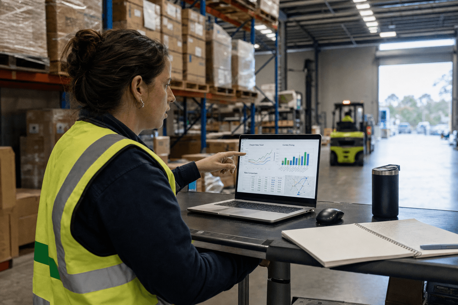 A female Australian logistics analyst in a high-vis vest studies freight rate trend charts on a laptop at a standing desk on a working warehouse floor, with racking and a forklift visible behind her.
