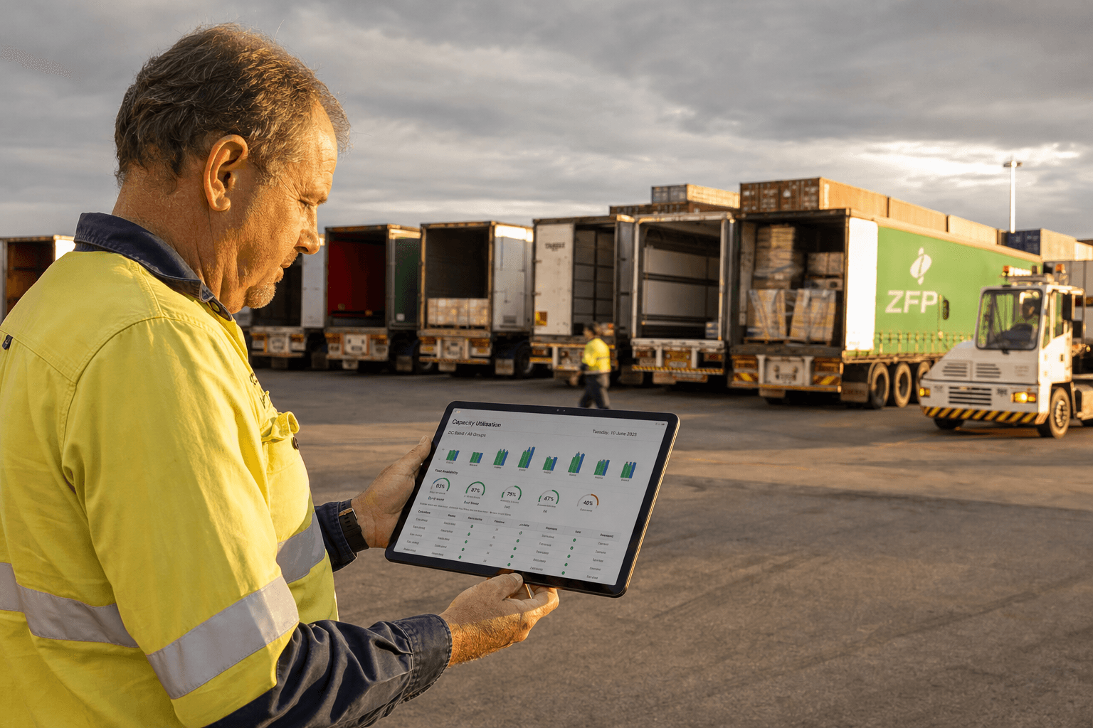 A male Australian transport operations coordinator in a high-vis shirt reviews a capacity dashboard on a tablet in the foreground of a busy regional freight depot yard, with semi-trailers and container stacks behind him in the late-afternoon light.