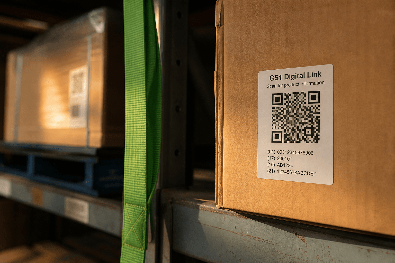 Close-up of a shipping carton on a warehouse shelf with a printed QR-style tracking label, lit by warm golden-hour light with no people in frame.