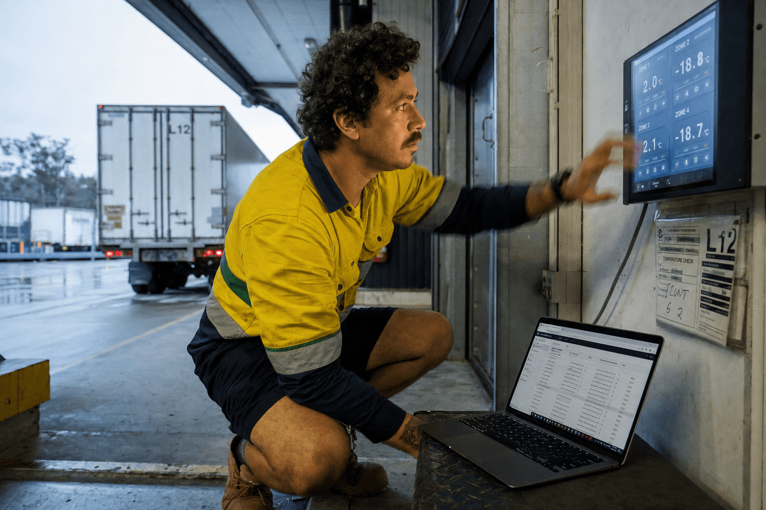 A male Australian logistics worker in high-vis shirt crouches beside a refrigerated truck trailer at a depot loading dock, checking a multi-zone digital temperature monitoring panel, with a laptop showing compliance logs open nearby.