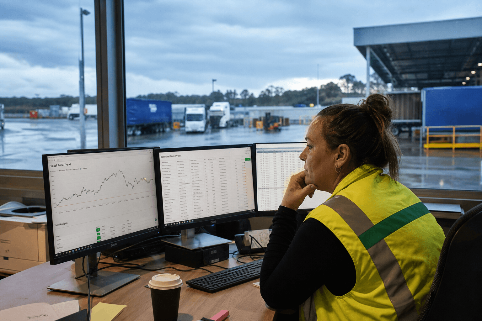 A female logistics coordinator in a hi-vis vest sits at a multi-screen workstation inside an Australian freight depot operations room, reviewing fuel price trend data, with a concrete truck yard visible through the window behind her.