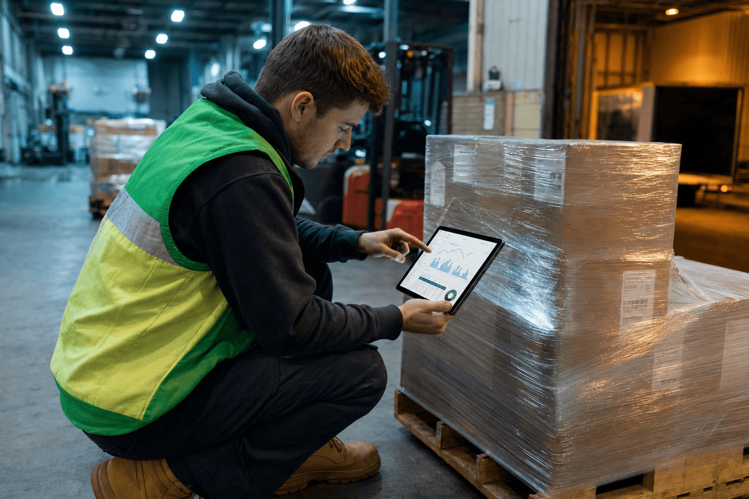 A young male warehouse worker in hi-vis vest crouches beside a loaded pallet on a concrete warehouse floor, reviewing forecasting data on a tablet, with forklifts and stacked pallets visible in the background.