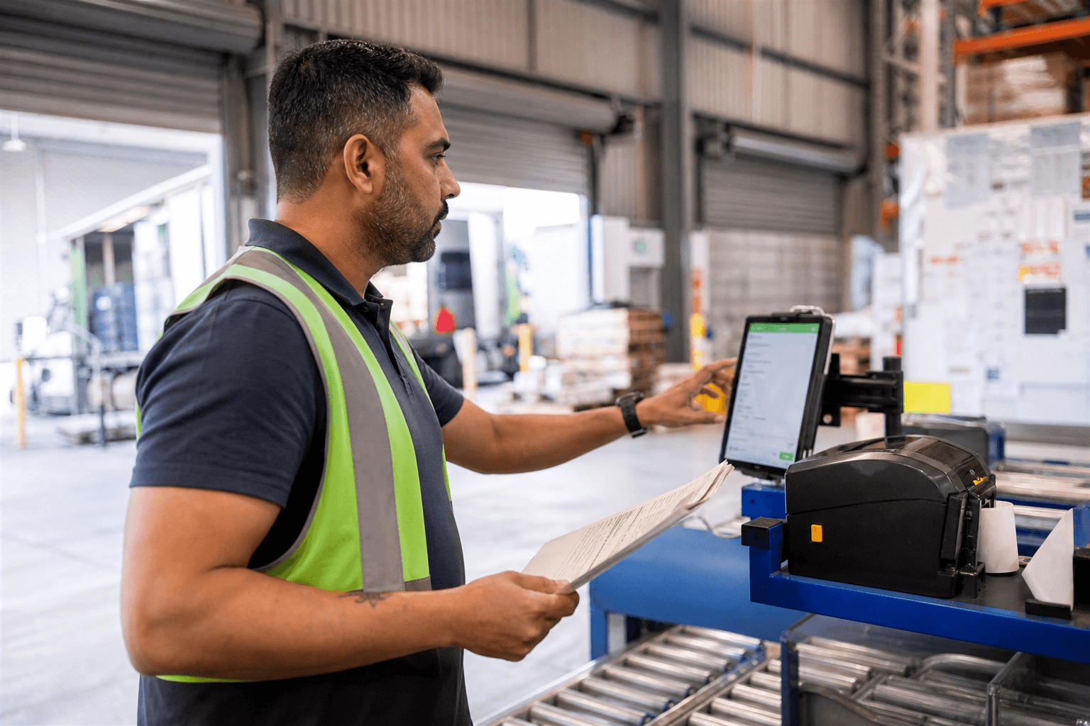 Side profile of a logistics worker examining a tablet near a sorting conveyor in a bright warehouse with roller doors and pallet racking in the background.