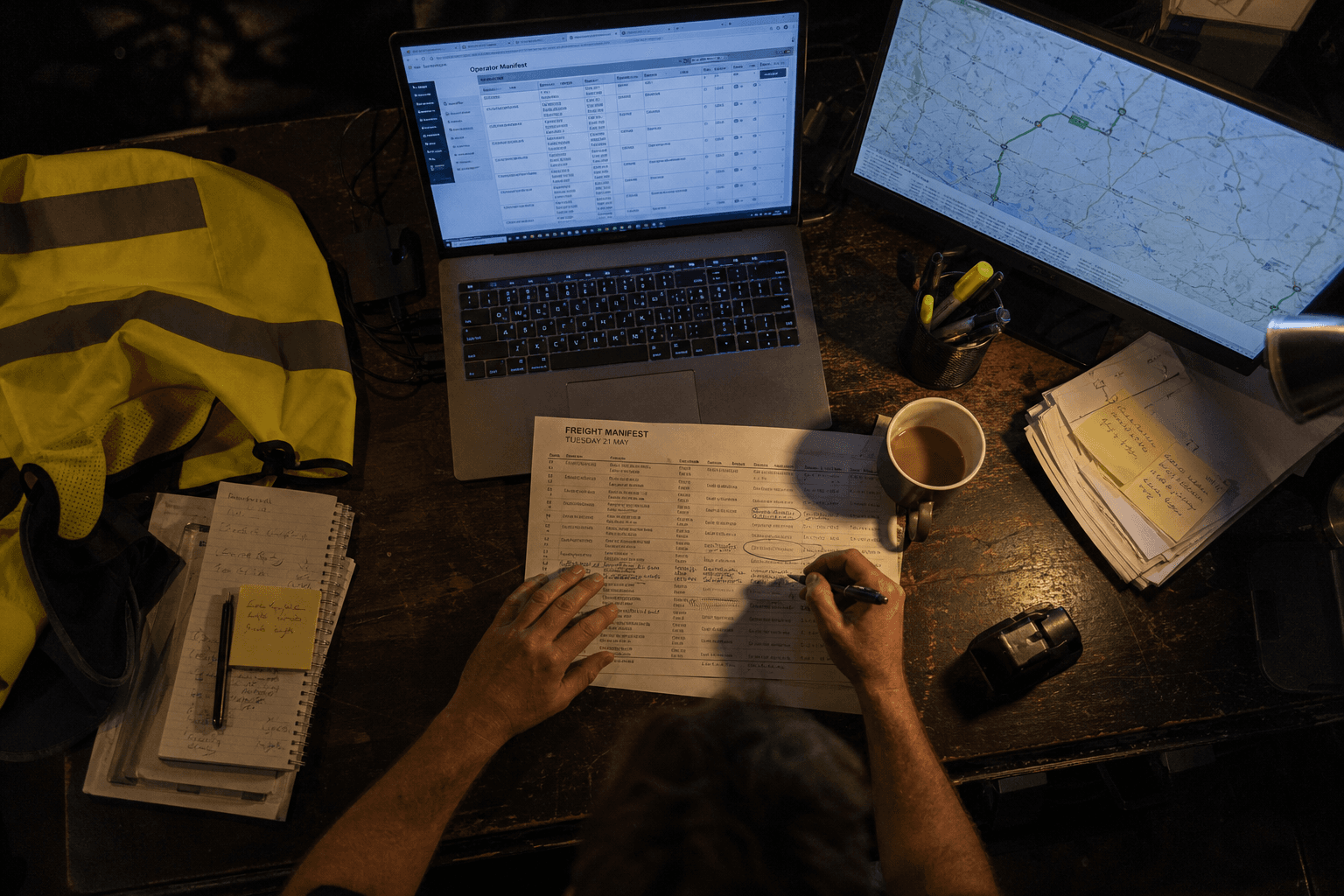 Overhead view of a dimly lit dispatch desk at night showing hands annotating a freight manifest beside a laptop and a glowing route-map screen, with a folded high-visibility vest nearby.