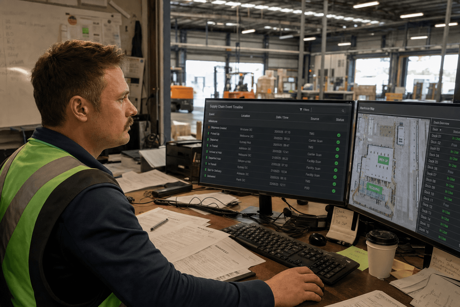 A male Australian logistics dispatcher in his 30s studies a supply chain event timeline on a large monitor at a freight hub workstation, with printed manifests and a second screen visible nearby.