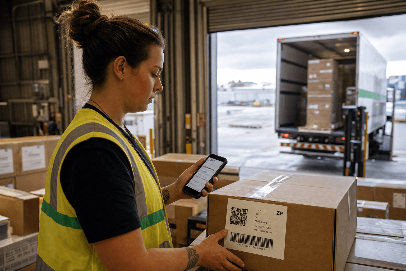 A young Australian female warehouse worker scans a GS1 2D barcode label on a carton at a loading dock using a smartphone, with stacked freight and a truck visible in the background.