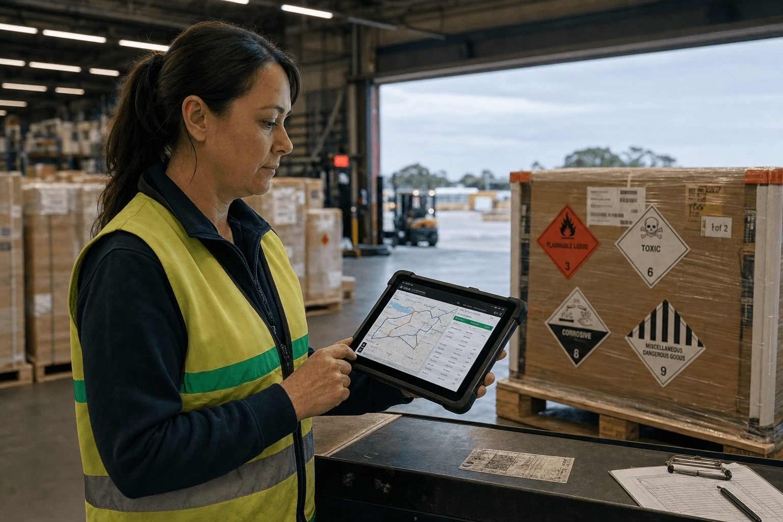 A female Australian warehouse operator reviews dangerous goods route planning data on a ruggedised tablet near a loading dock, with ADG-labelled freight pallets visible behind her.