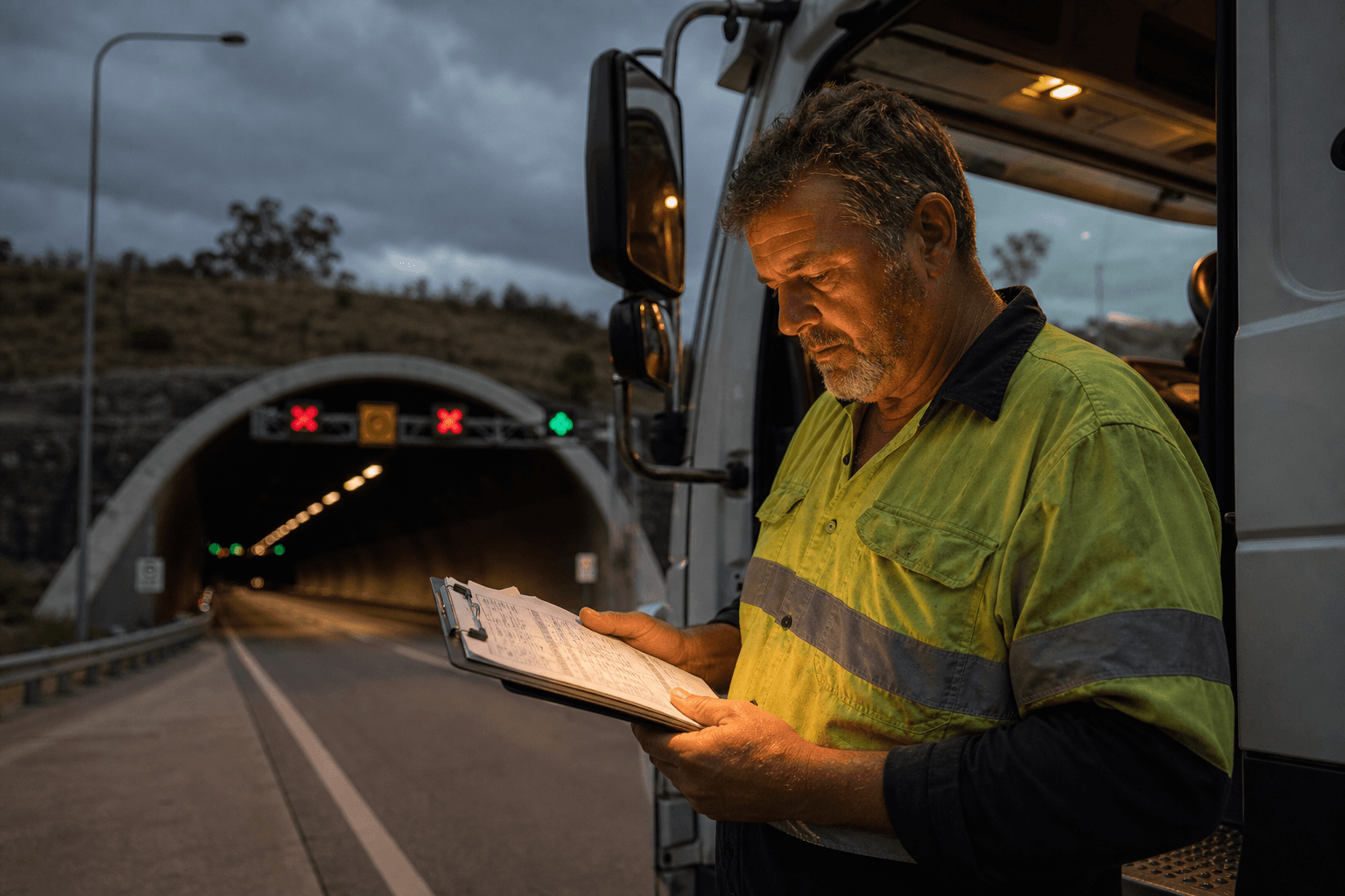 An Australian heavy-vehicle truck driver consults a route clipboard outside a road tunnel entrance in overcast morning light, with his cab visible behind him.