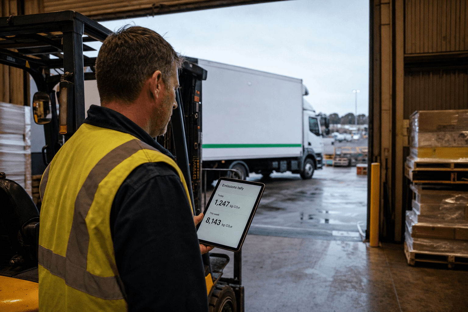 Male forklift operator in high-vis vest holding a tablet near a freight truck inside an Australian logistics warehouse depot, stacked pallets visible in the background.