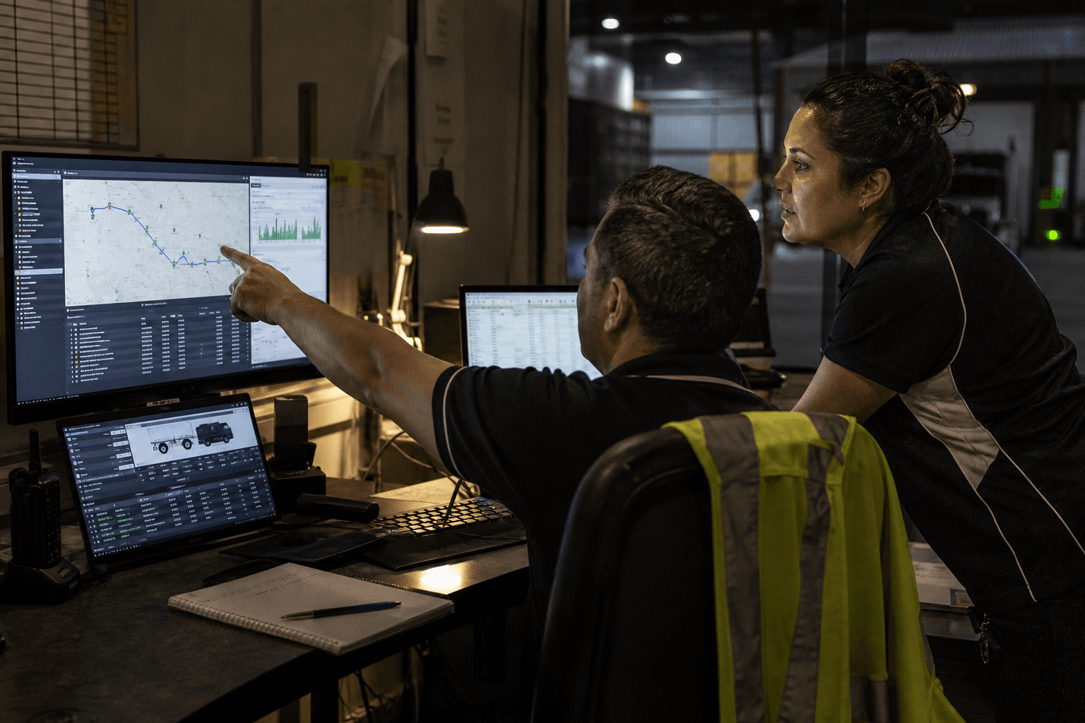 Two freight depot staff in a dimly lit control room examining telematics and route data on computer screens, lit by screen glow and a desk lamp.