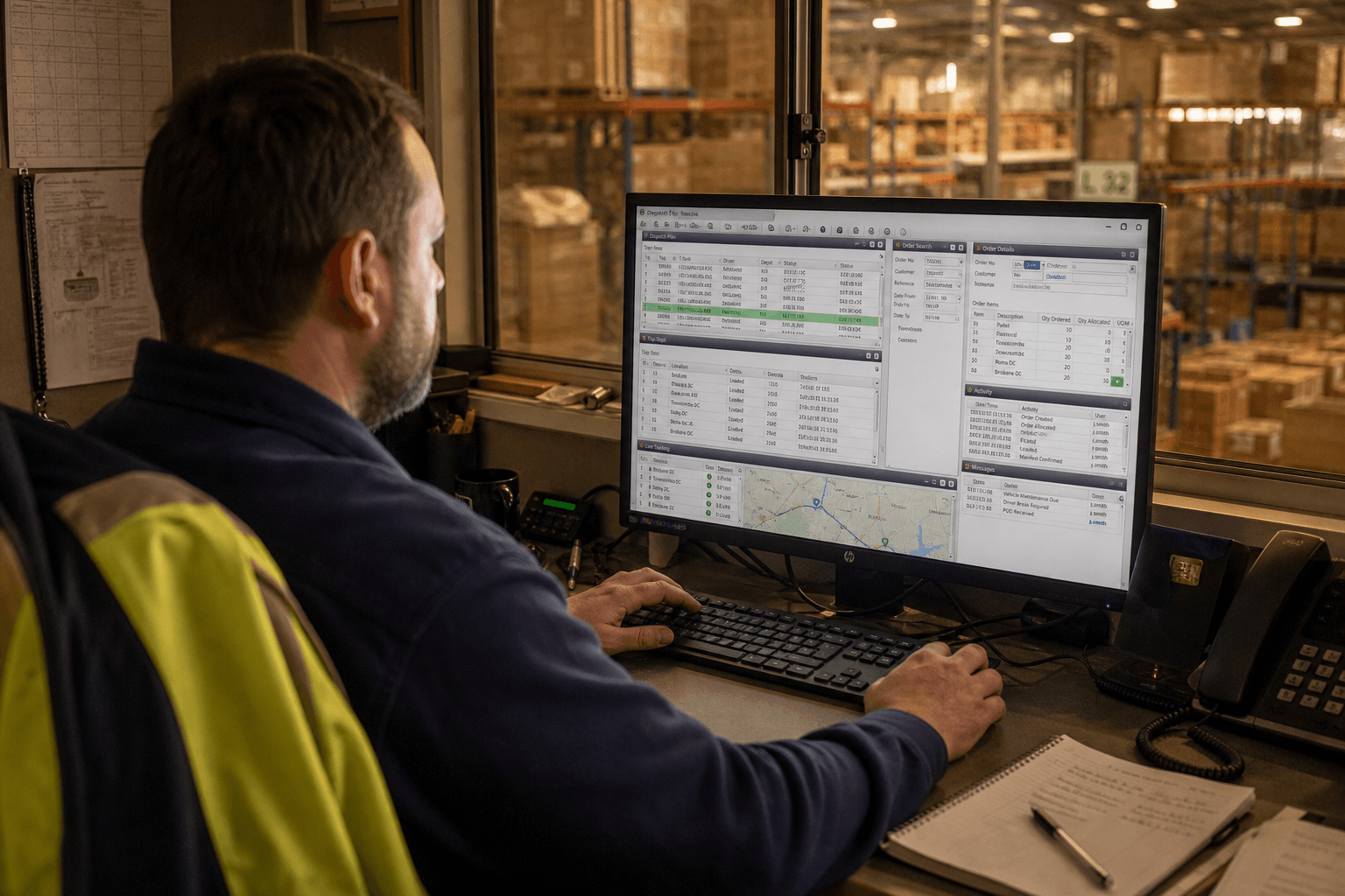 Over-the-shoulder view of a dispatch worker in a warehouse office looking at a computer screen filled with multiple open logistics software windows, lit by warm golden-hour light.