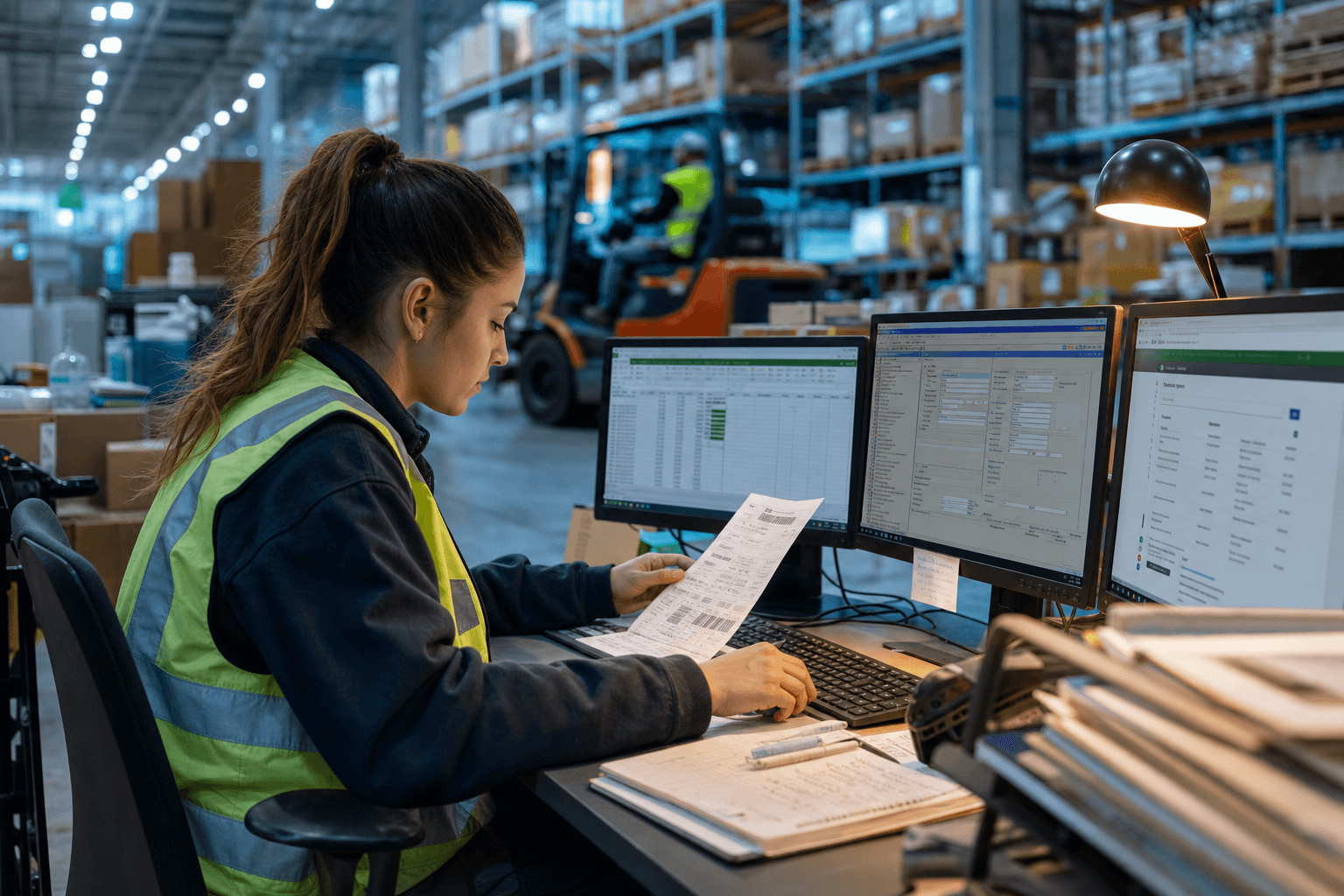 A young female warehouse administrator in high-vis manually re-enters consignment data across multiple screens at a workstation on the edge of an active Australian warehouse floor.