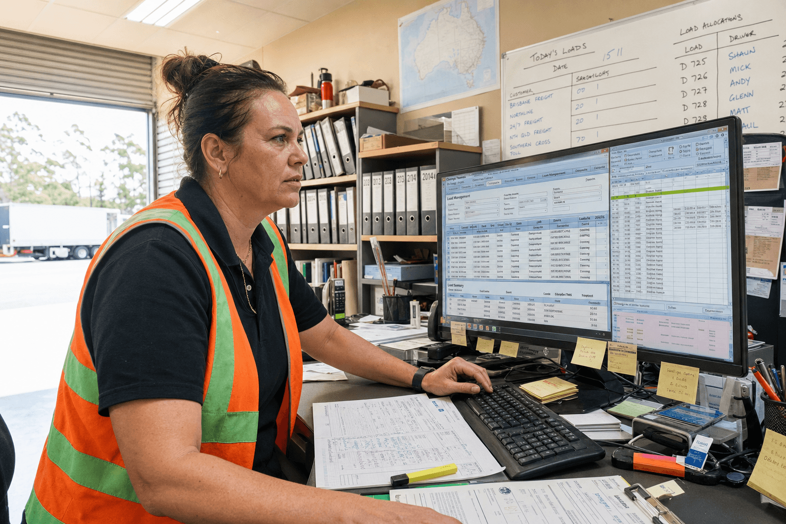 A female freight depot coordinator sits at a workstation reviewing an outdated transport management system on a monitor surrounded by printed manifests and handwritten notes, in a brightly daylit Australian depot office.