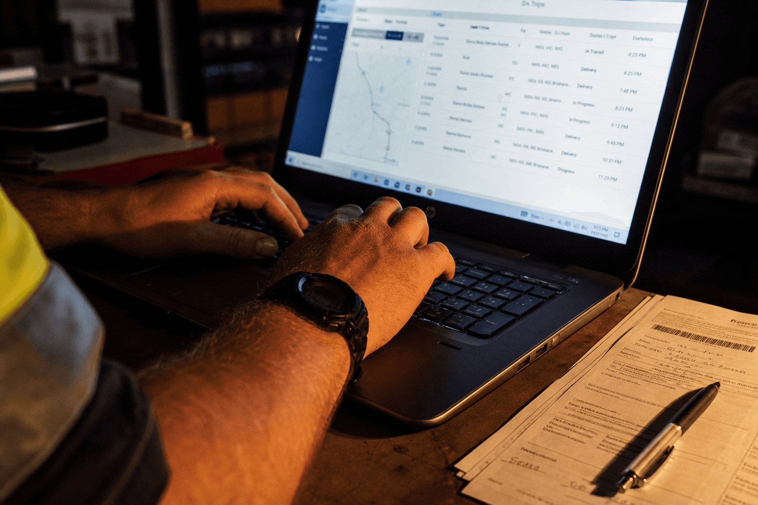 Close-up of a logistics worker's hands on a laptop keyboard in a dimly lit depot office, lit by screen glow and a warm task lamp, with a transport management system interface softly reflected across the keys.