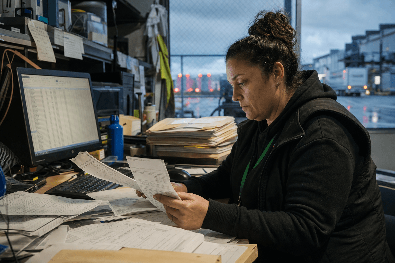 A female dispatch coordinator at an Australian freight depot manually works through paper run sheets and spreadsheets at a cluttered workstation, fluorescent light overhead and trucks visible through a yard window behind her.