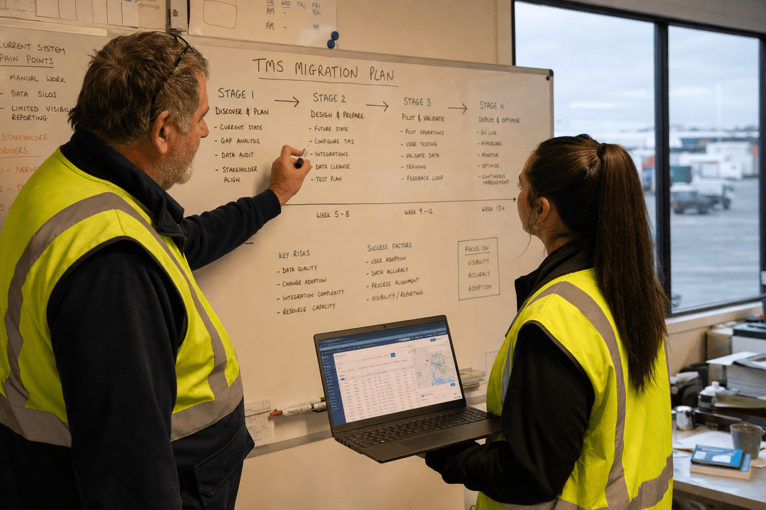 Two Australian logistics workers — a senior operations manager and a younger analyst — plan a TMS migration on a whiteboard inside a depot meeting room, with a laptop showing a TMS interface open beside them.