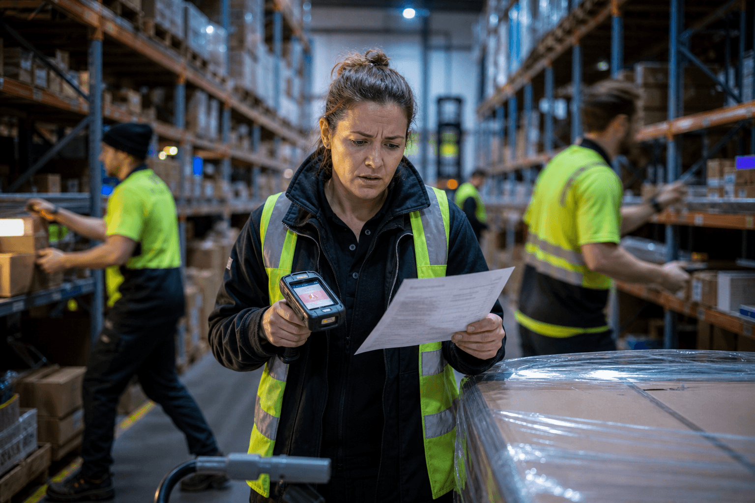 A female warehouse operations manager in high-vis vest checks a paper manifest against a handheld scanner showing an error in a large Australian 3PL warehouse, with workers moving in the background.
