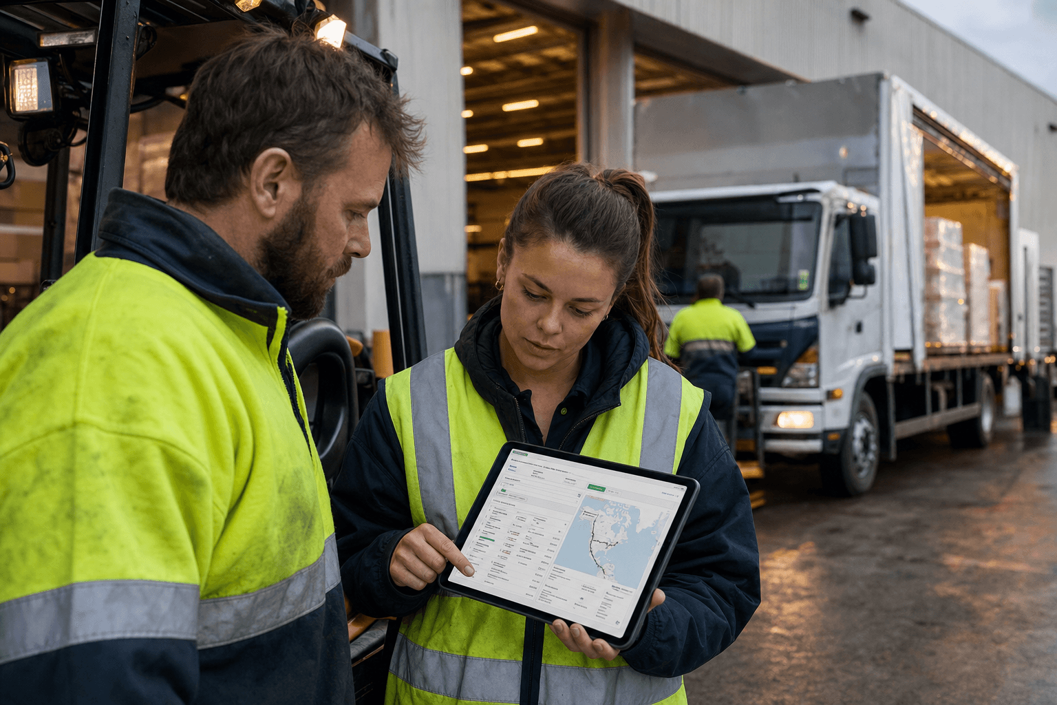 A male forklift operator and a female operations supervisor review a route optimisation interface on a tablet at an Australian freight depot loading dock, with a truck being loaded in the background.