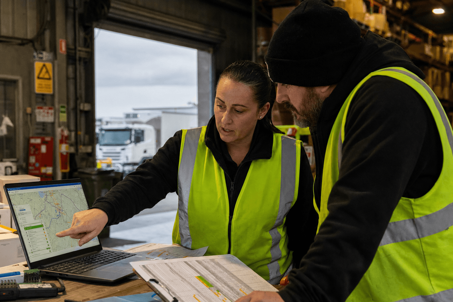 A female warehouse supervisor and a male truck driver in hi-vis vests study a route optimisation dashboard on a laptop together at a workbench inside an Australian freight depot.