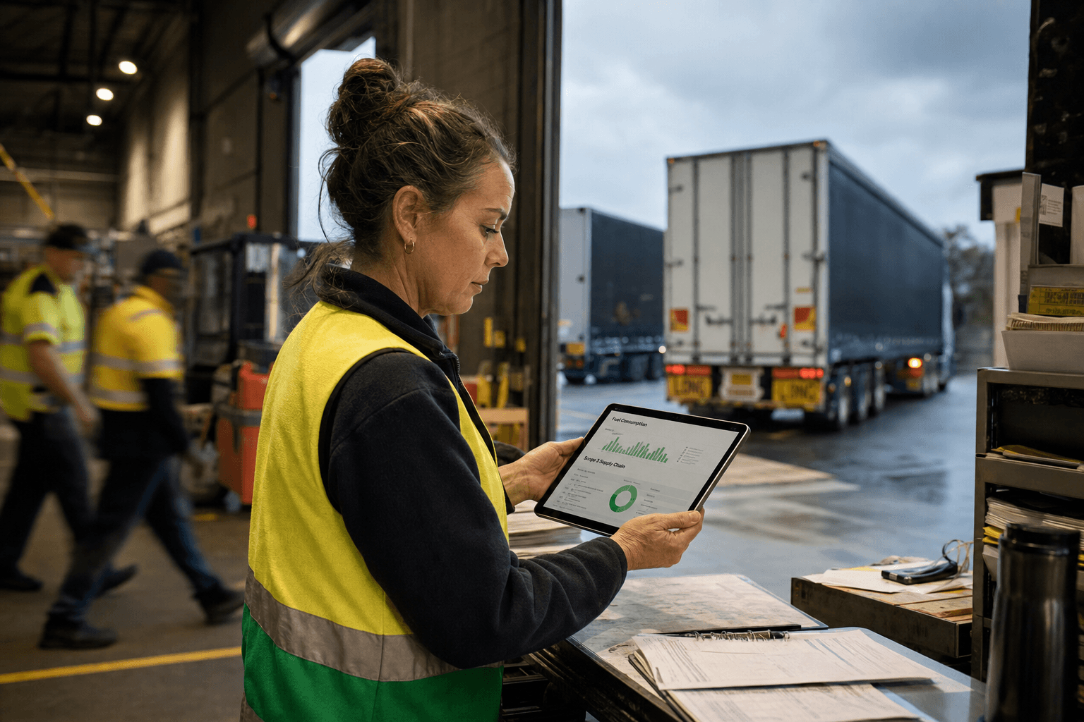 A female logistics coordinator in yellow high-vis vest uses a tablet showing supply chain data at a freight depot dock, with semi-trailers visible through open roller doors under overcast Australian sky.