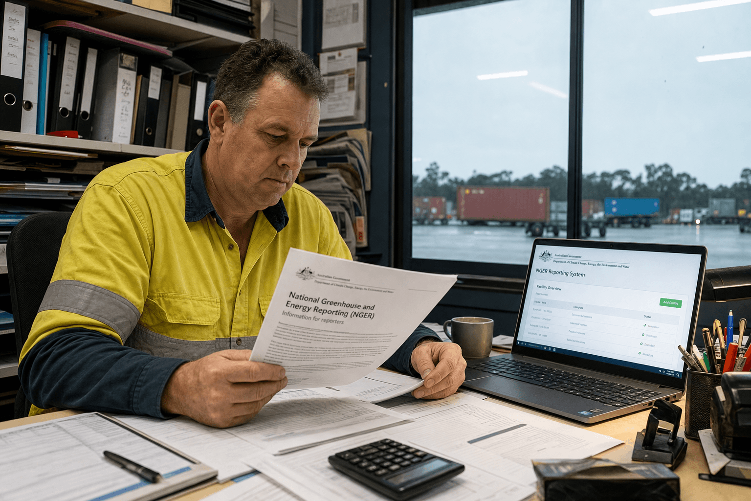 A middle-aged male dispatch coordinator reads NGER compliance paperwork at a desk in a regional Australian freight hub office, with a laptop showing a government reporting portal and an industrial container yard visible through the window.